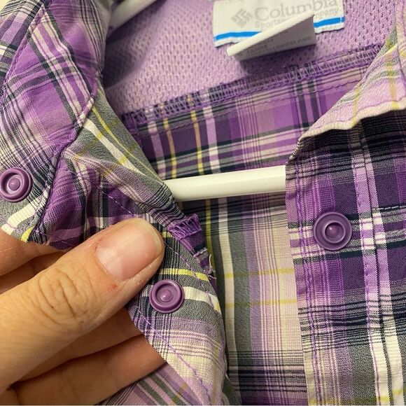 Columbia girls Youth Purple plaid cap sleeve Omni Shade button snap shirt 6X - Picture 4 of 8